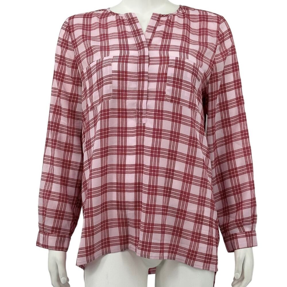 Joie Top Women Large Red‎ Pink Nepal Windowpane Plaid Popover V-Neck Country